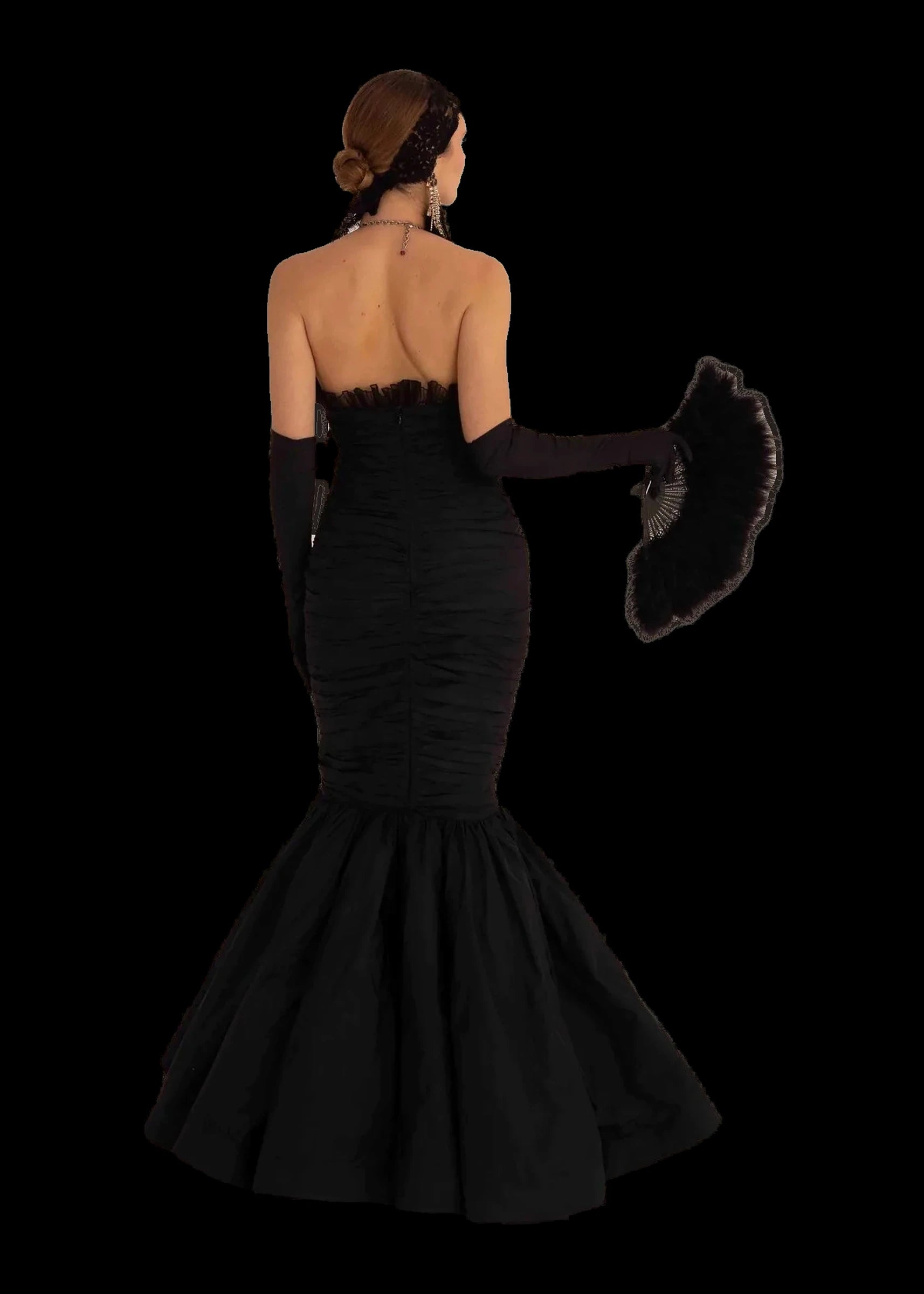 Black silk mermaid gown with crystal and fuchsia jewelled halter bodice, back view