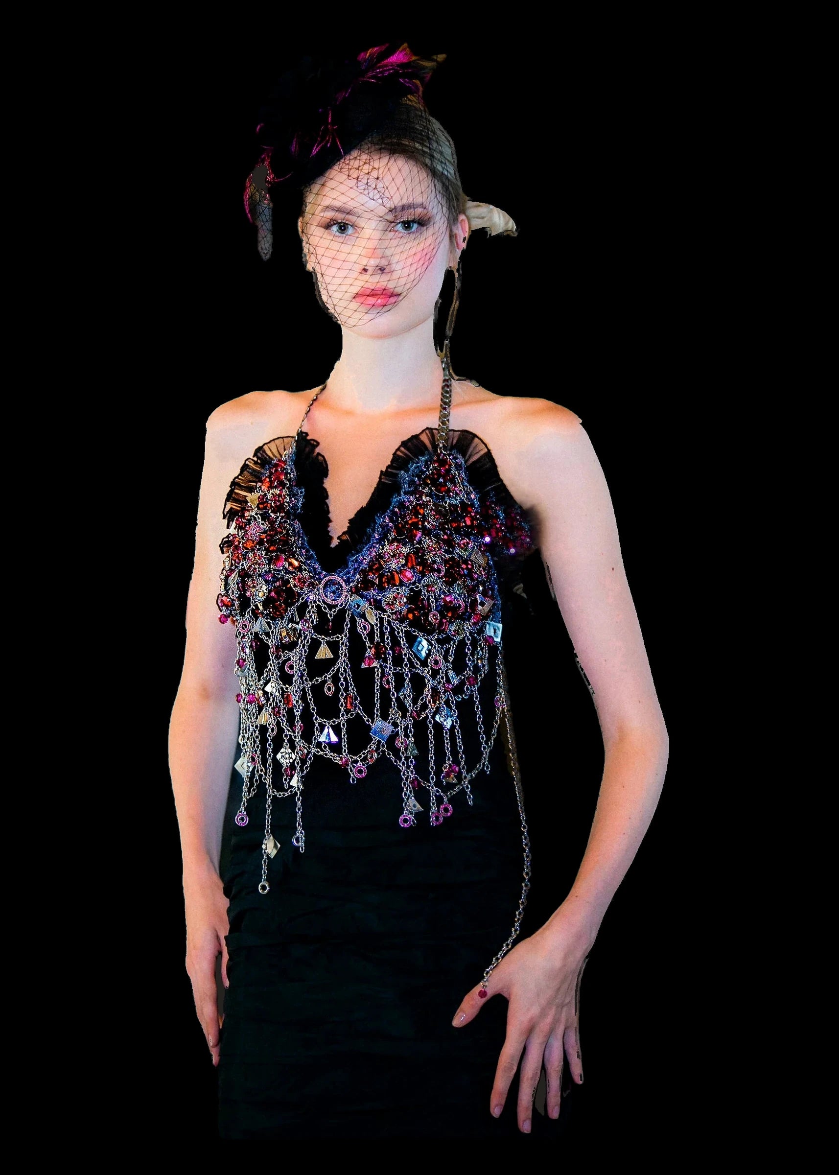 Black silk mermaid gown with crystal and fuchsia jewelled halter bodice, jewelled bodice detail
