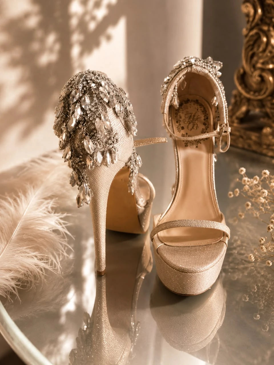 Gold Crystal Platform Sandal by Maison Hanan, a gold glitter-woven platform sandal with marquise crystals set in overlapping rows down the back of the heel counter.