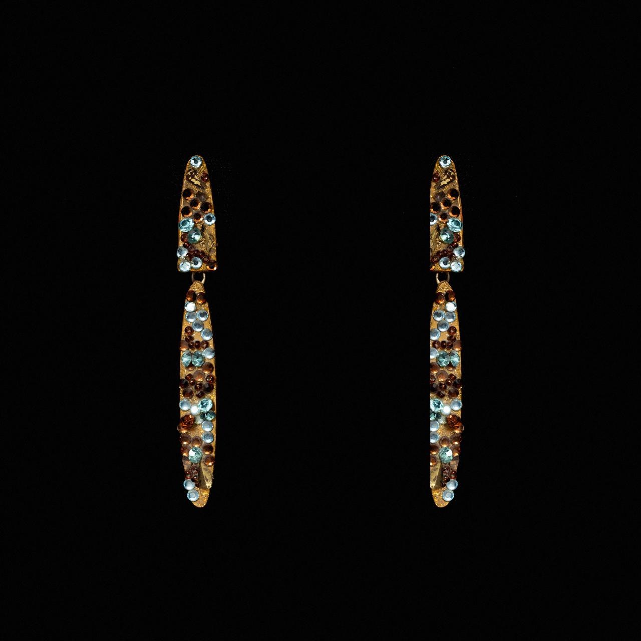 Pair of long slim gold-tone drop earrings set with amber and pale blue crystals