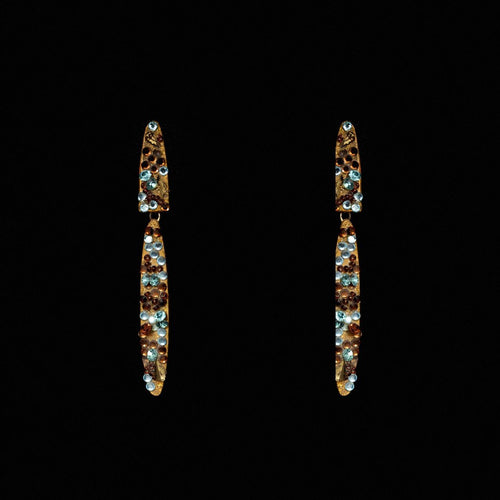 Pair of long slim gold-tone drop earrings set with amber and pale blue crystals