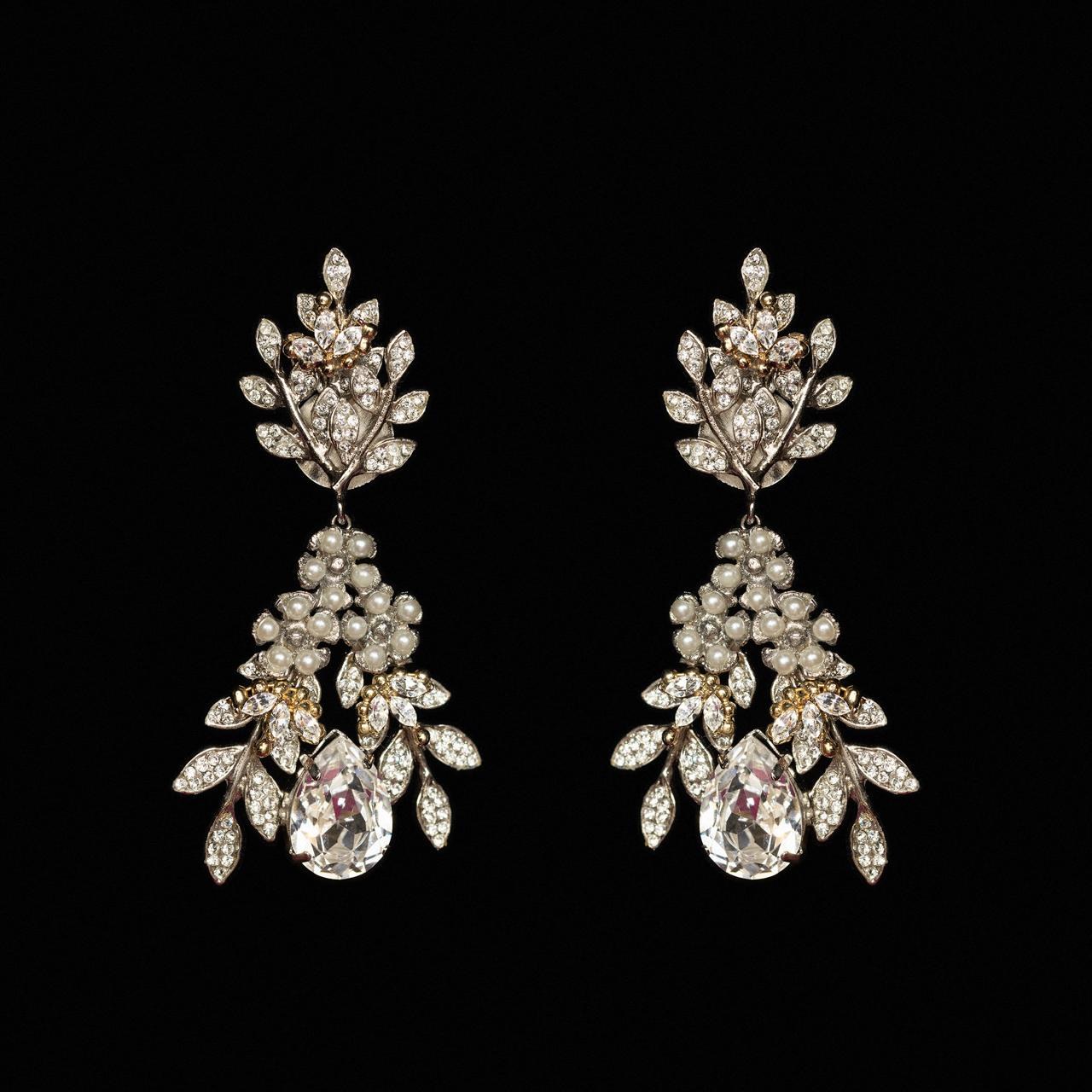 Silver-tone bridal earrings with crystal laurel leaves, pearls and a pear-cut crystal drop