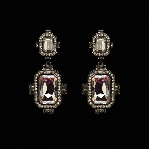 Art deco drop earrings with a large lilac emerald-cut crystal in a stepped pave frame