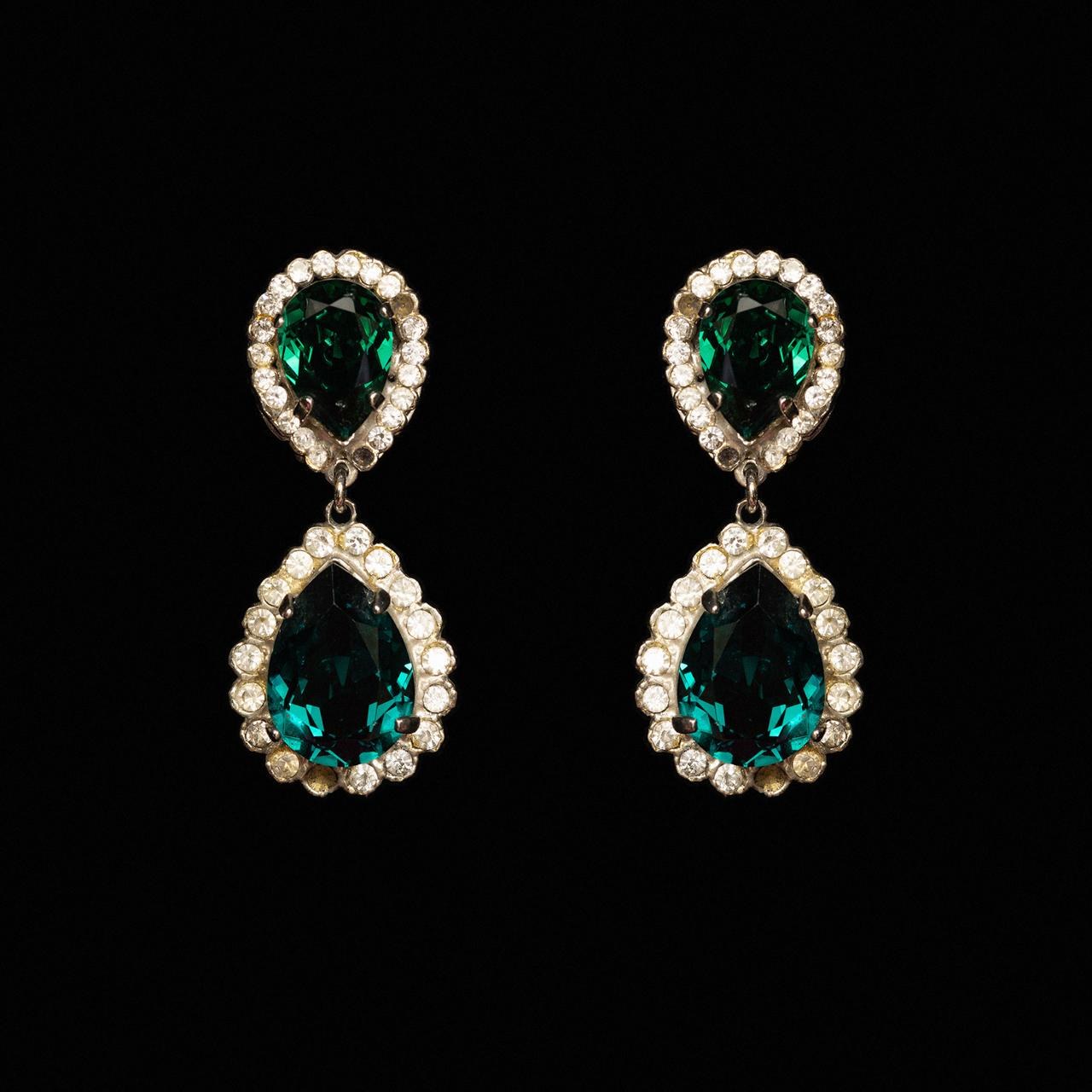 Drop earrings with two green pear-cut crystals each ringed in clear stones