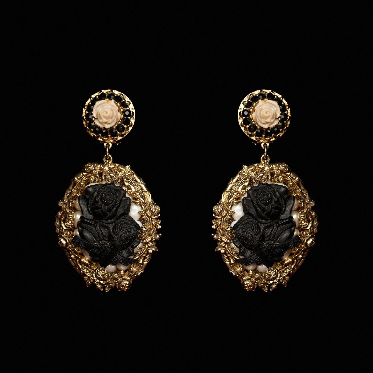 Baroque gold-tone earrings with carved black roses and pearls in a filigree oval frame