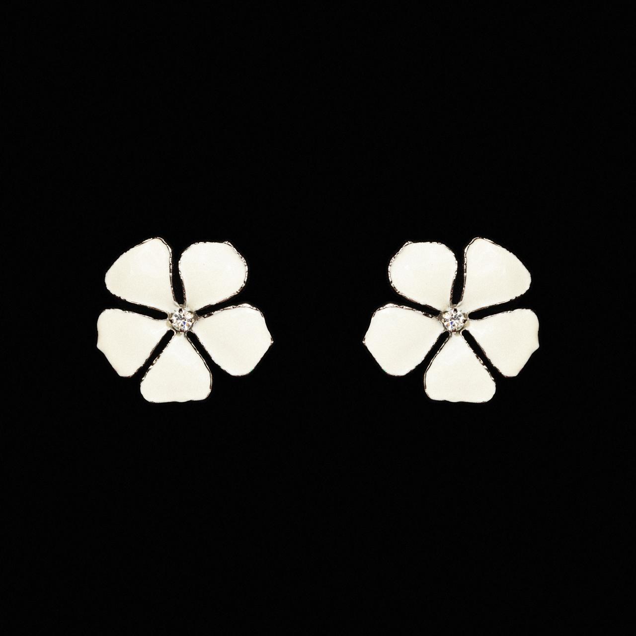 White enamel five-petal flower stud earrings with a small crystal centre
