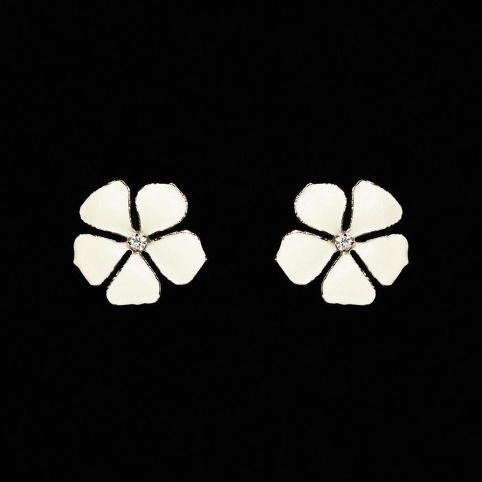 White enamel five-petal flower stud earrings with a small crystal centre