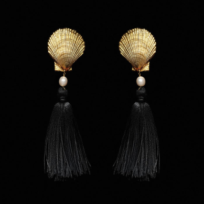Gold-tone scallop shell earrings with a white pearl and long black silk tassels