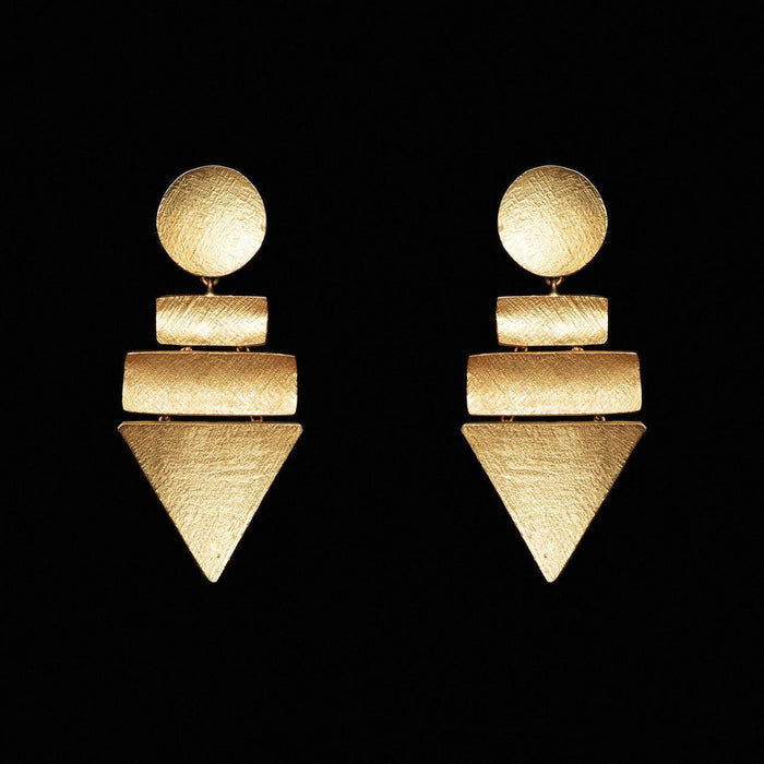 Brushed gold-tone geometric earrings made of a disc, two bars and an inverted triangle