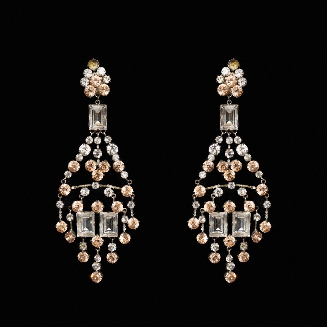 Openwork gold-tone chandelier earrings hung with peach and clear crystals