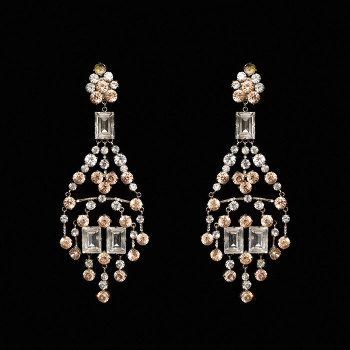 Openwork gold-tone chandelier earrings hung with peach and clear crystals