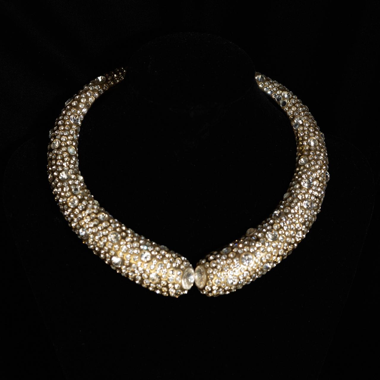 Rigid rope collar necklace encrusted with clear crystals and seed pearls