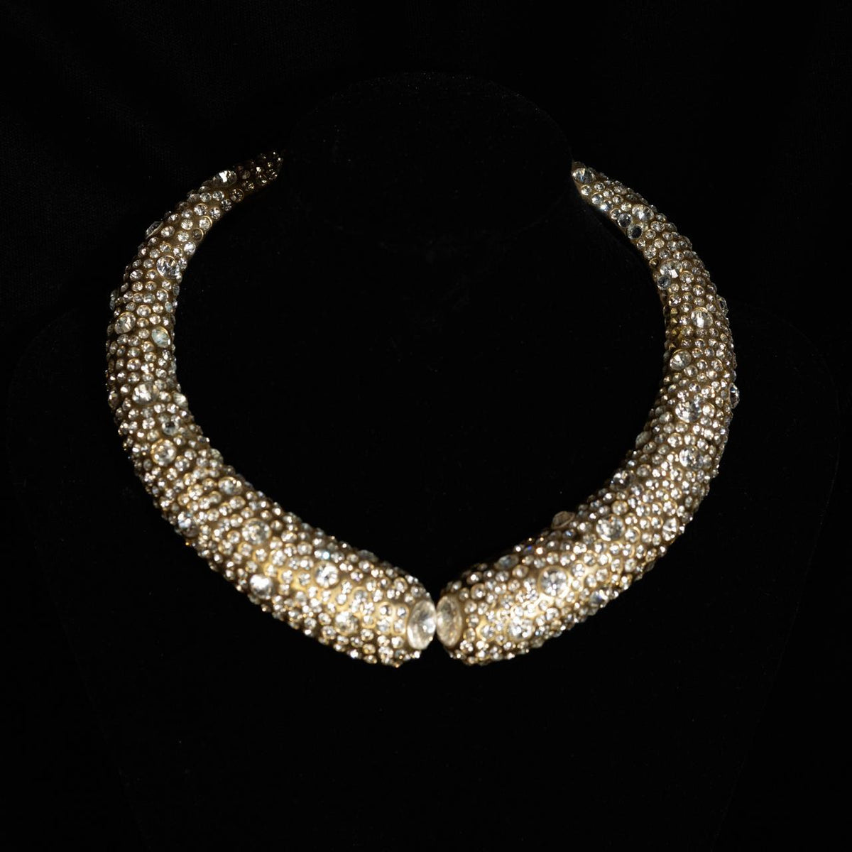 Rigid rope collar necklace encrusted with clear crystals and seed pearls