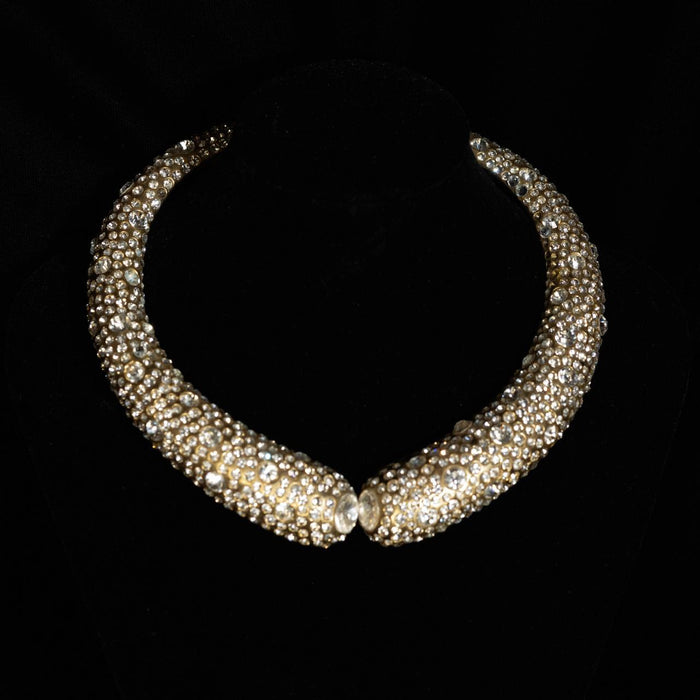 Rigid rope collar necklace encrusted with clear crystals and seed pearls
