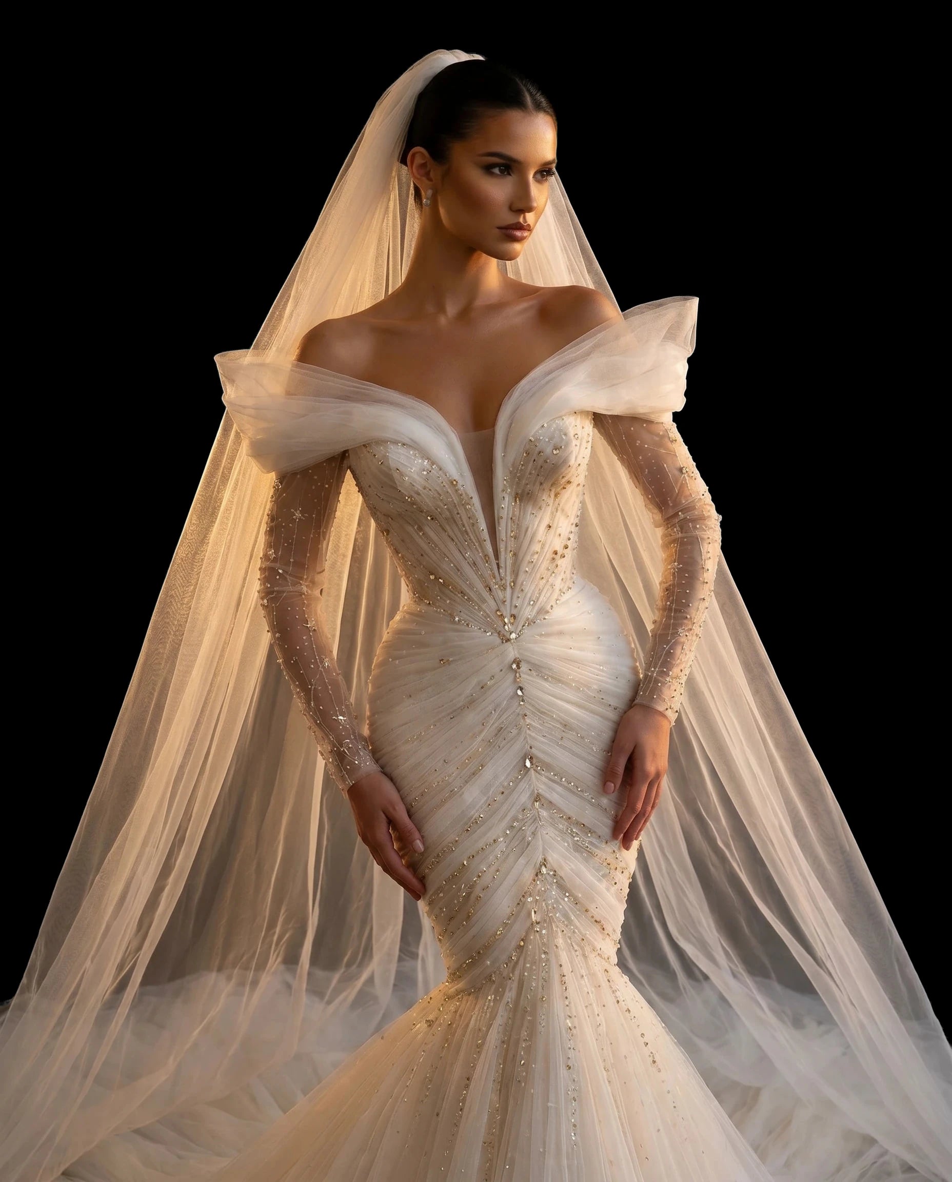 Ivory Mermaid with Veil, photographed against black.