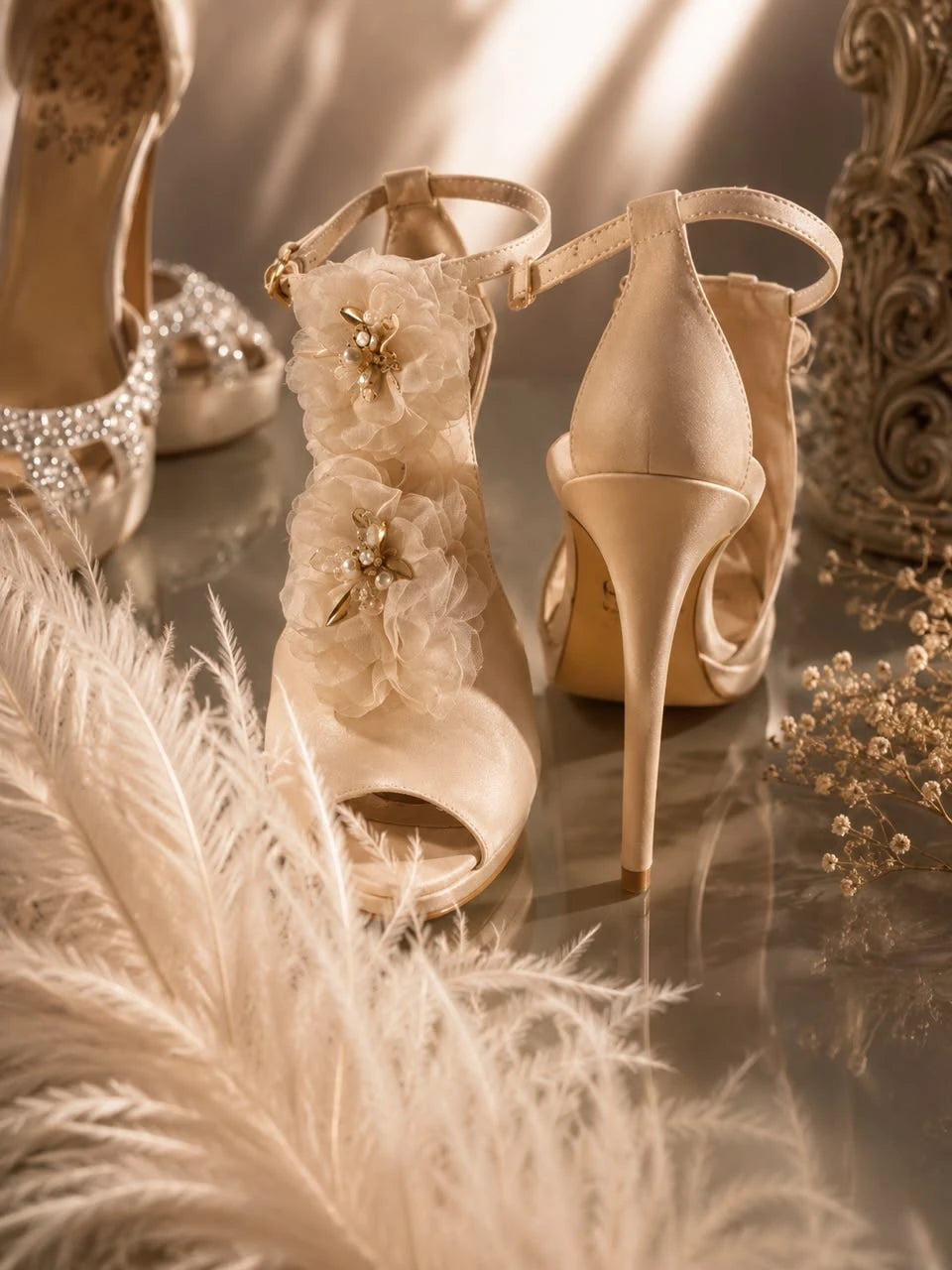 Organza Flower Sandal by Maison Hanan, a champagne satin open-toe sandal with two raw-edged organza flowers and gold and pearl centres on the front strap.