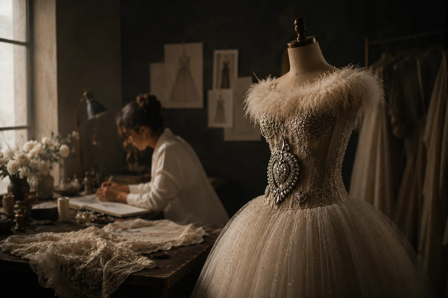 The Maison Hanan atelier in Amman: a bridal bodice on the stand, a seamstress at the cutting table.